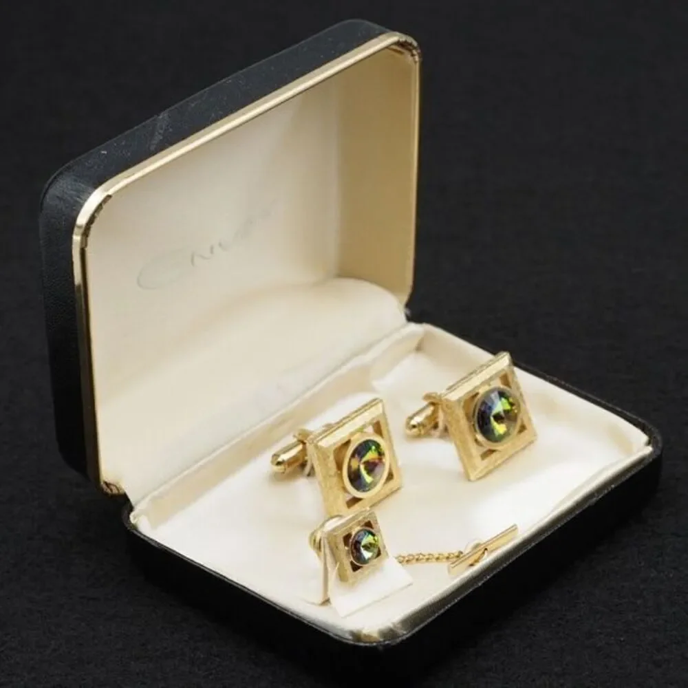 VTG 1960s Iridescent GP Cufflinks + Tie Tack Set Envoy